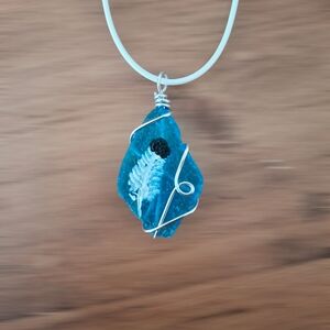 Hand-Painted Eagle Feather Artisan Blue and Silver Wire-Wrapped Cord  Necklace